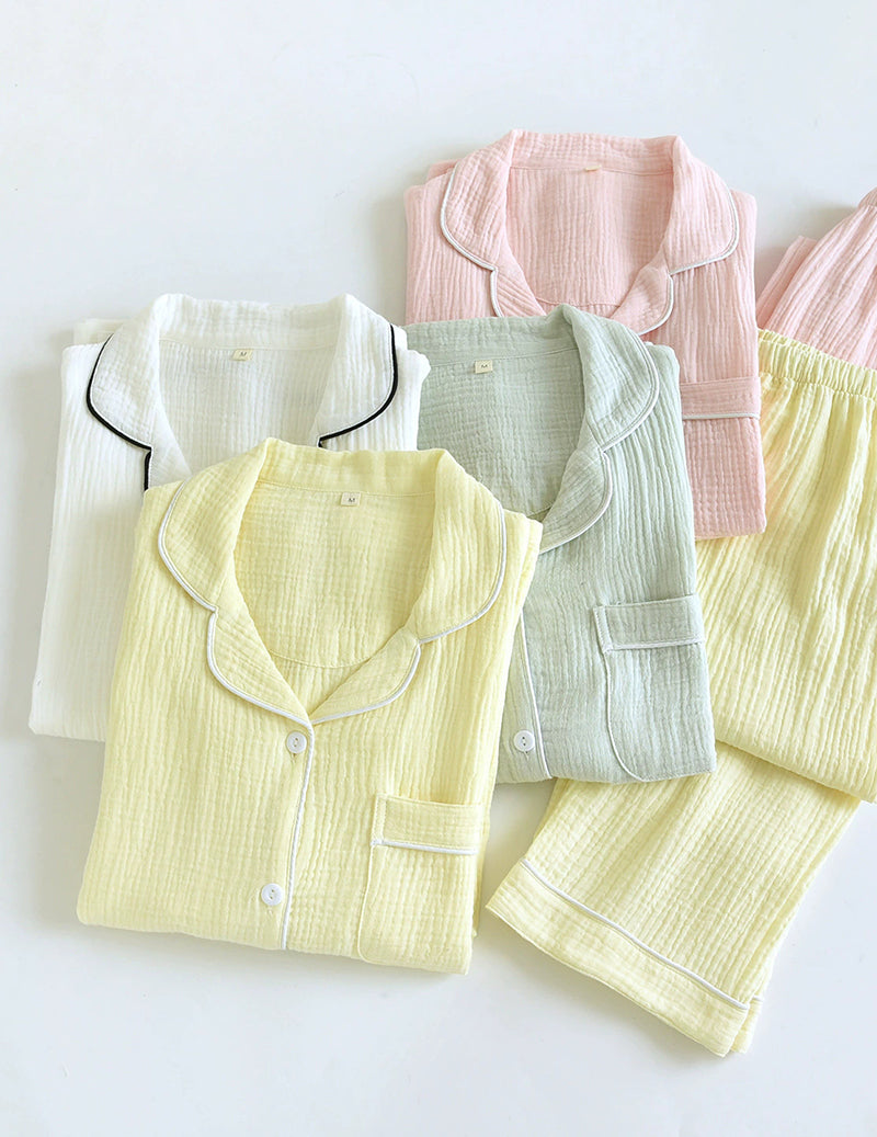 Cotton Gauze Long Sleeve Notch Collar Pajama Set