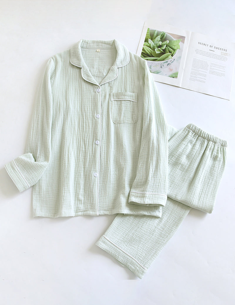 Cotton Gauze Long Sleeve Notch Collar Pajama Set