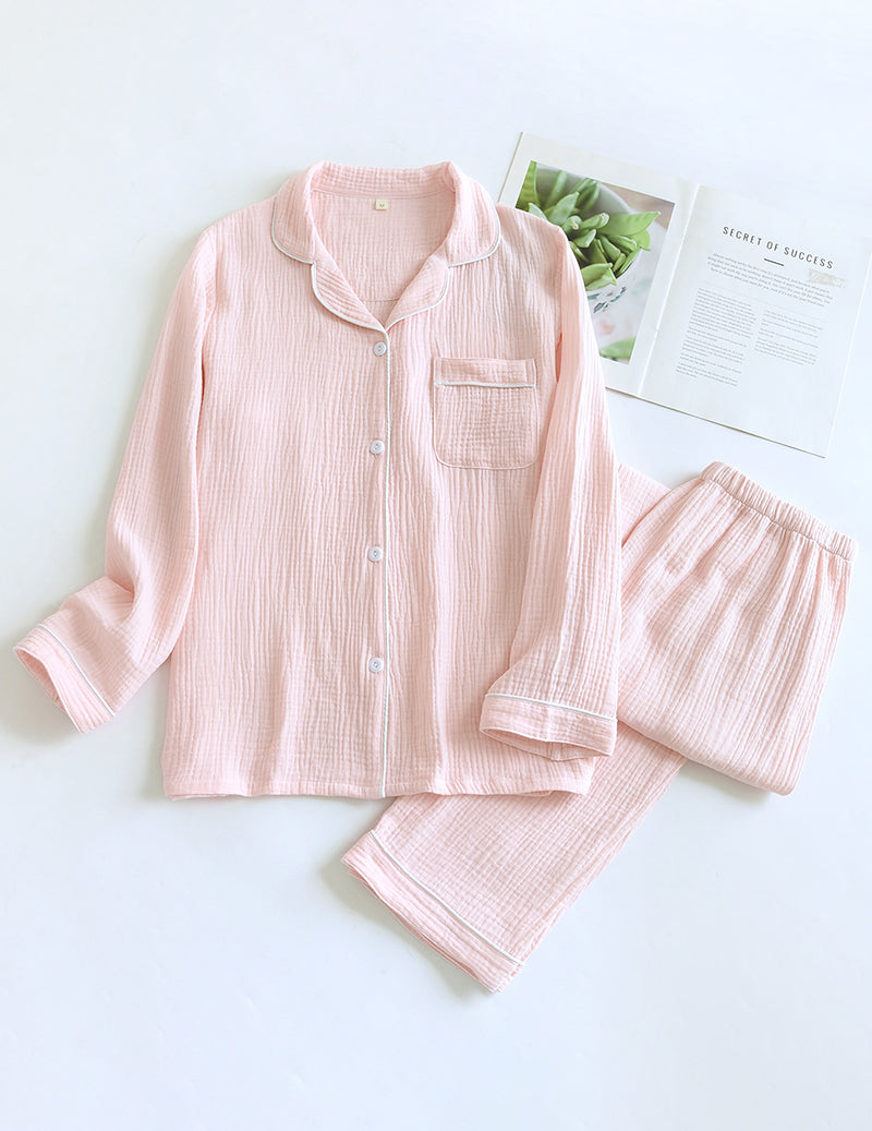 Cotton Gauze Long Sleeve Notch Collar Pajama Set