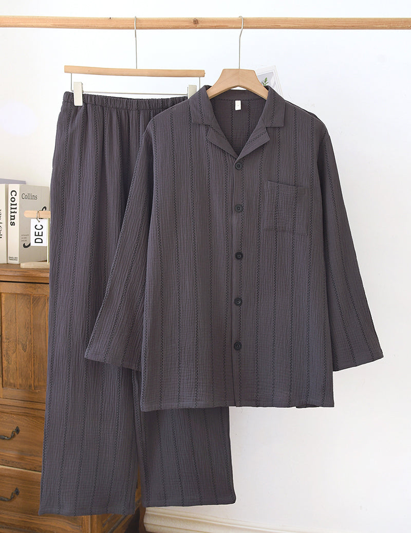 Men Cotton Gauze Striped Long Sleeve Pajama Set