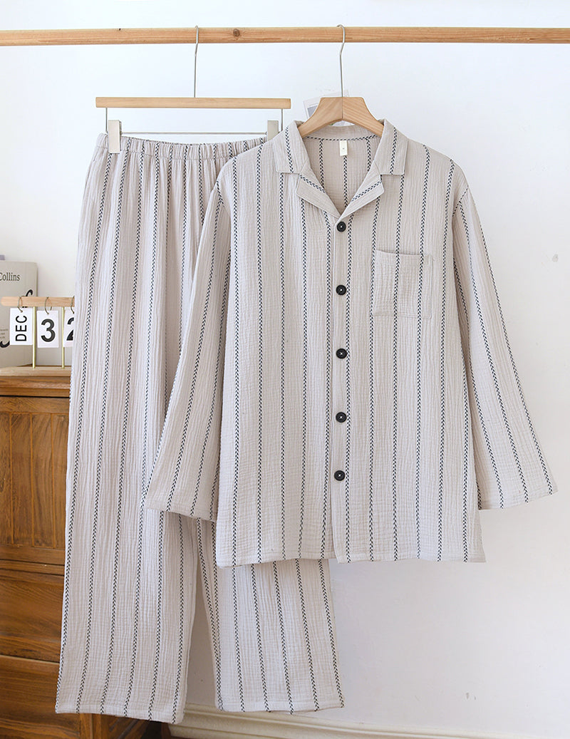 Men Cotton Gauze Striped Long Sleeve Pajama Set