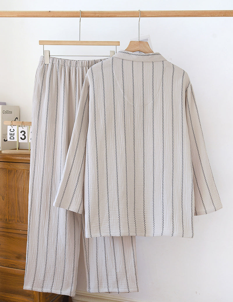 Men Cotton Gauze Striped Long Sleeve Pajama Set