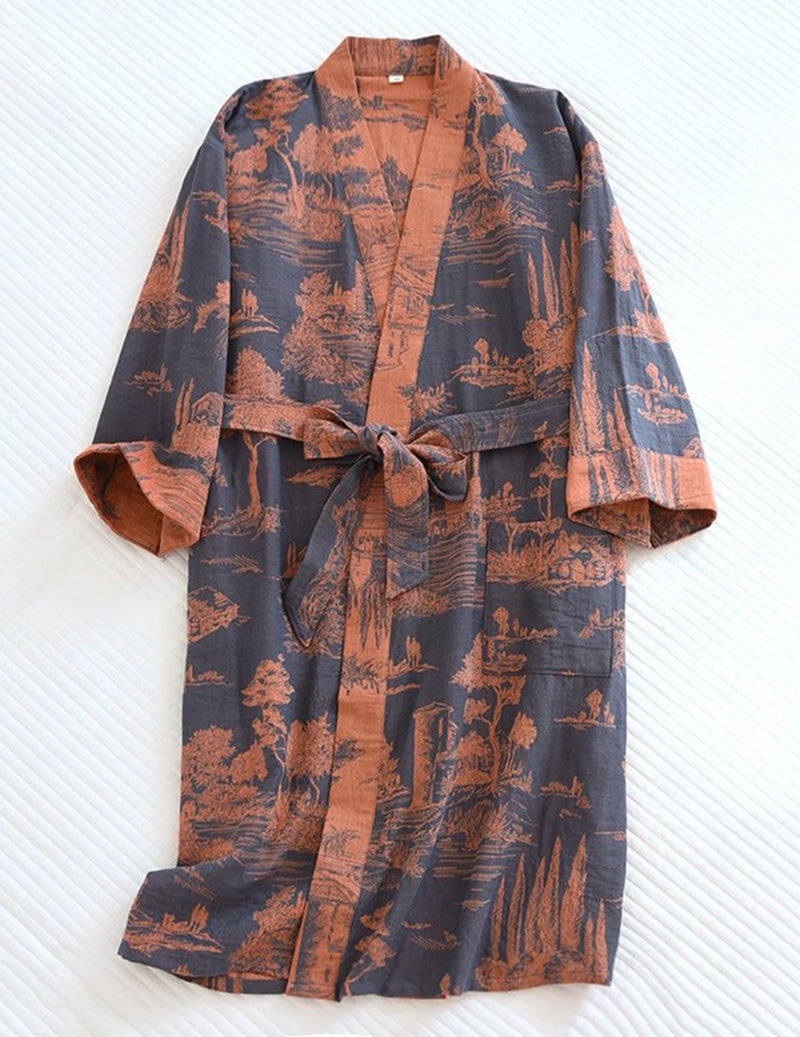 Men Jacquard Landscape Print Belted Kimono Robe