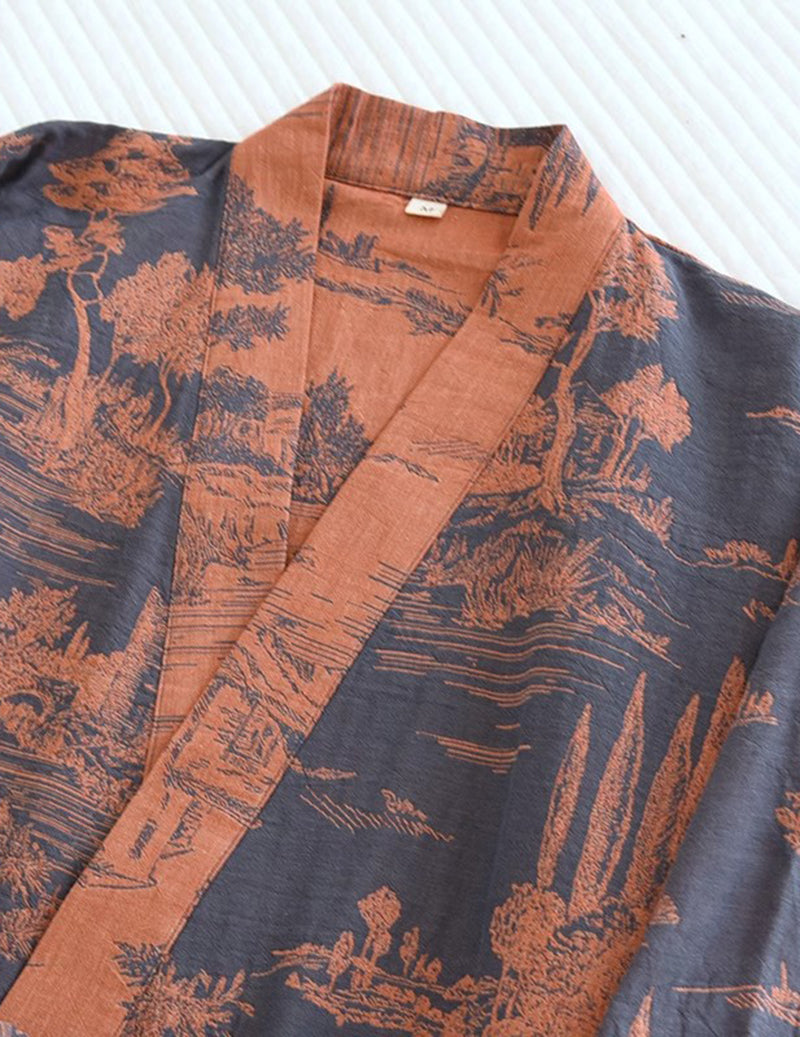 Men Jacquard Landscape Print Belted Kimono Robe