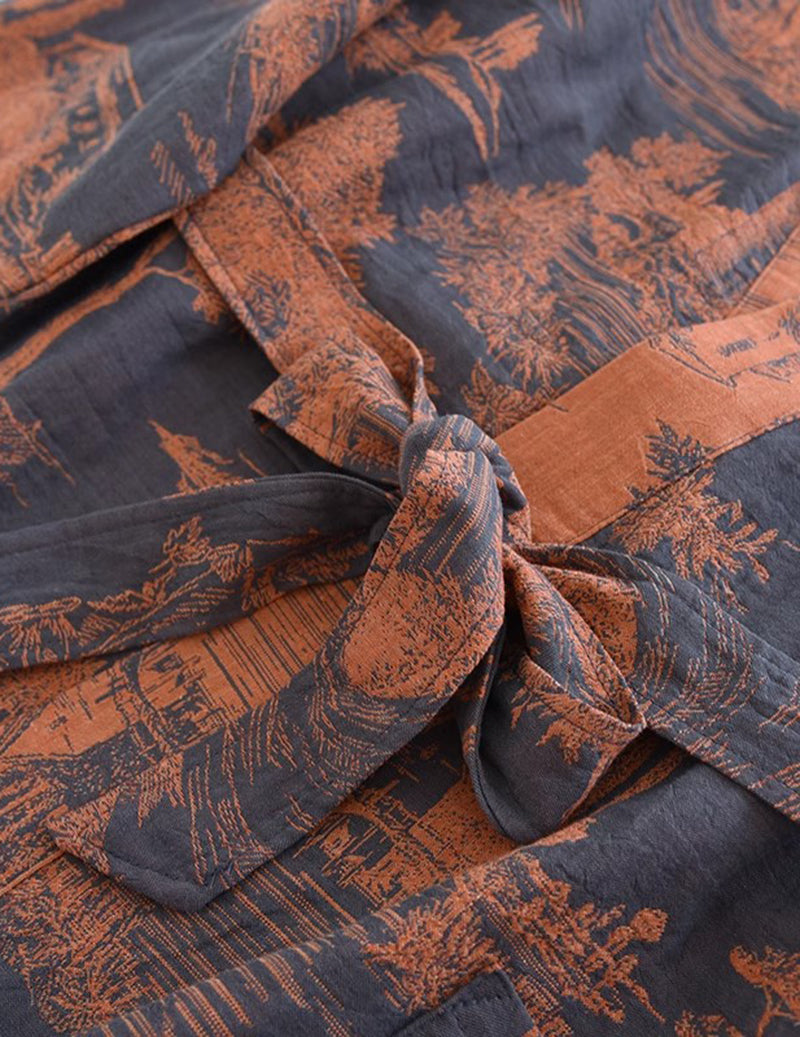 Men Jacquard Landscape Print Belted Kimono Robe