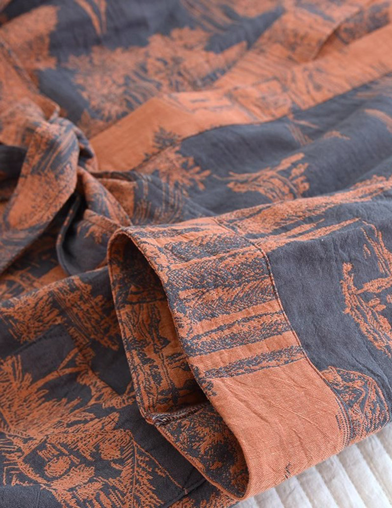 Men Jacquard Landscape Print Belted Kimono Robe