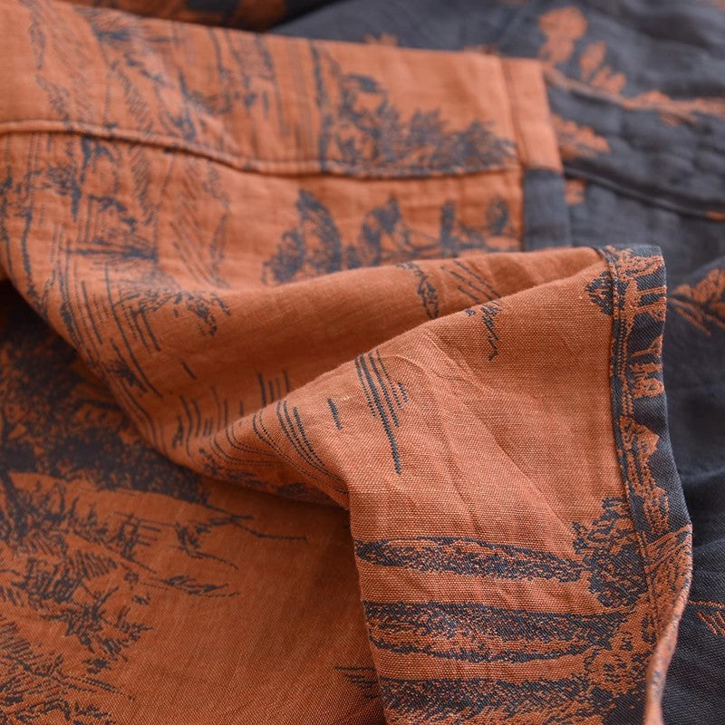 Men Jacquard Landscape Print Belted Kimono Robe