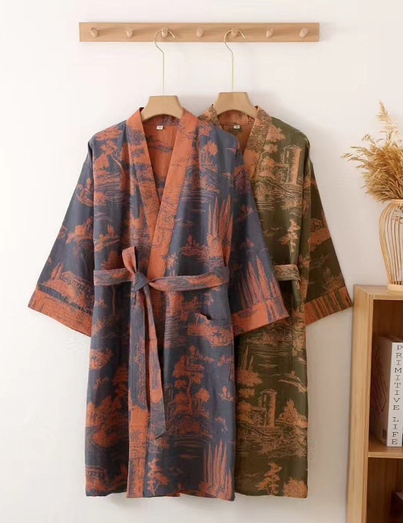 Men Jacquard Landscape Print Belted Kimono Robe