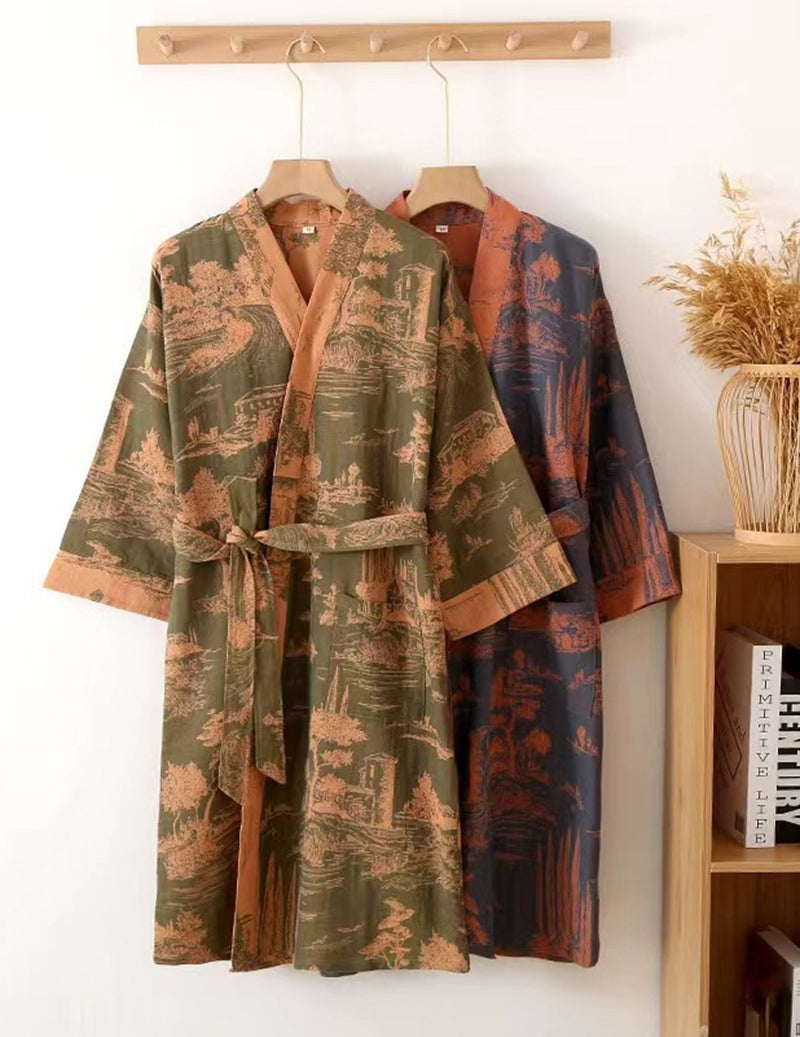 Men Jacquard Landscape Print Belted Kimono Robe