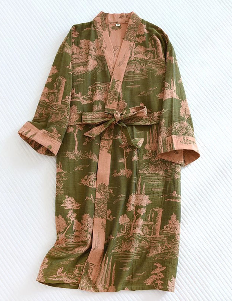 Men Jacquard Landscape Print Belted Kimono Robe