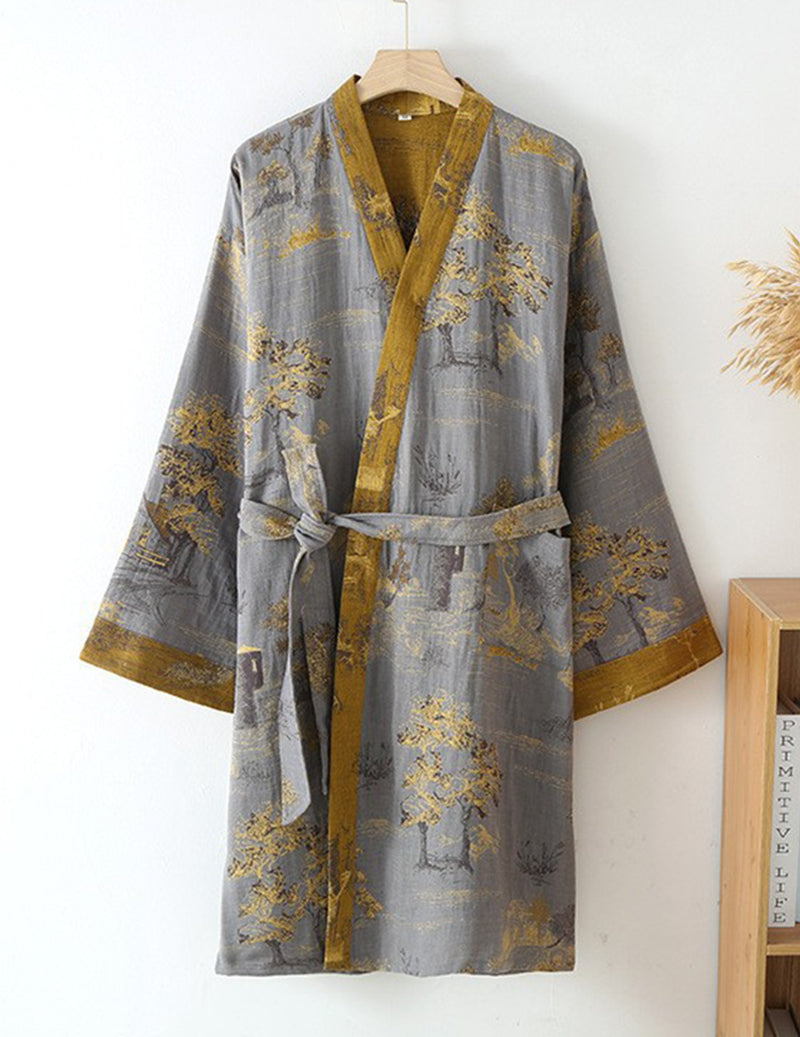 Men Jacquard Landscape Print Belted Kimono Robe