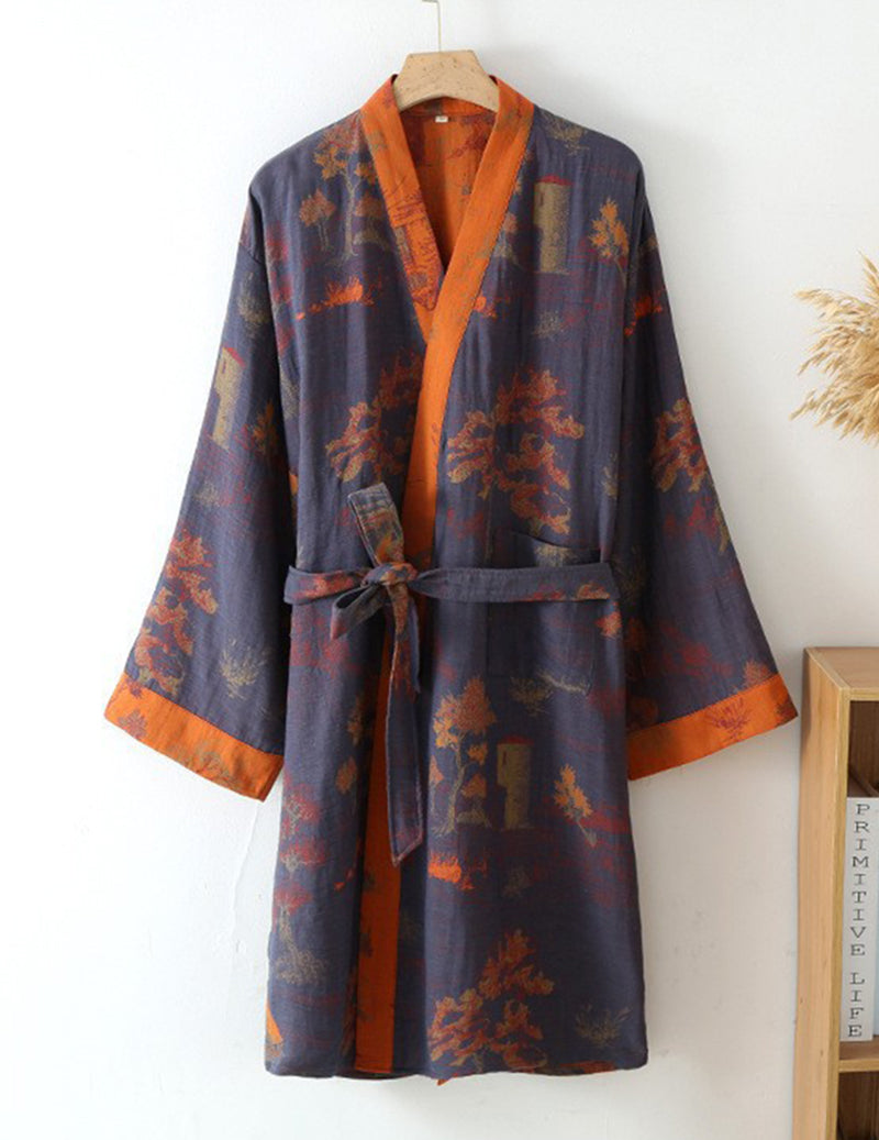 Men Jacquard Landscape Print Belted Kimono Robe