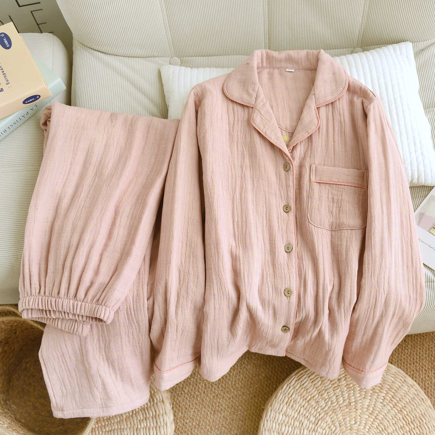 Cotton Plaid Four Layer Gauze Notch Collar Pajama Set