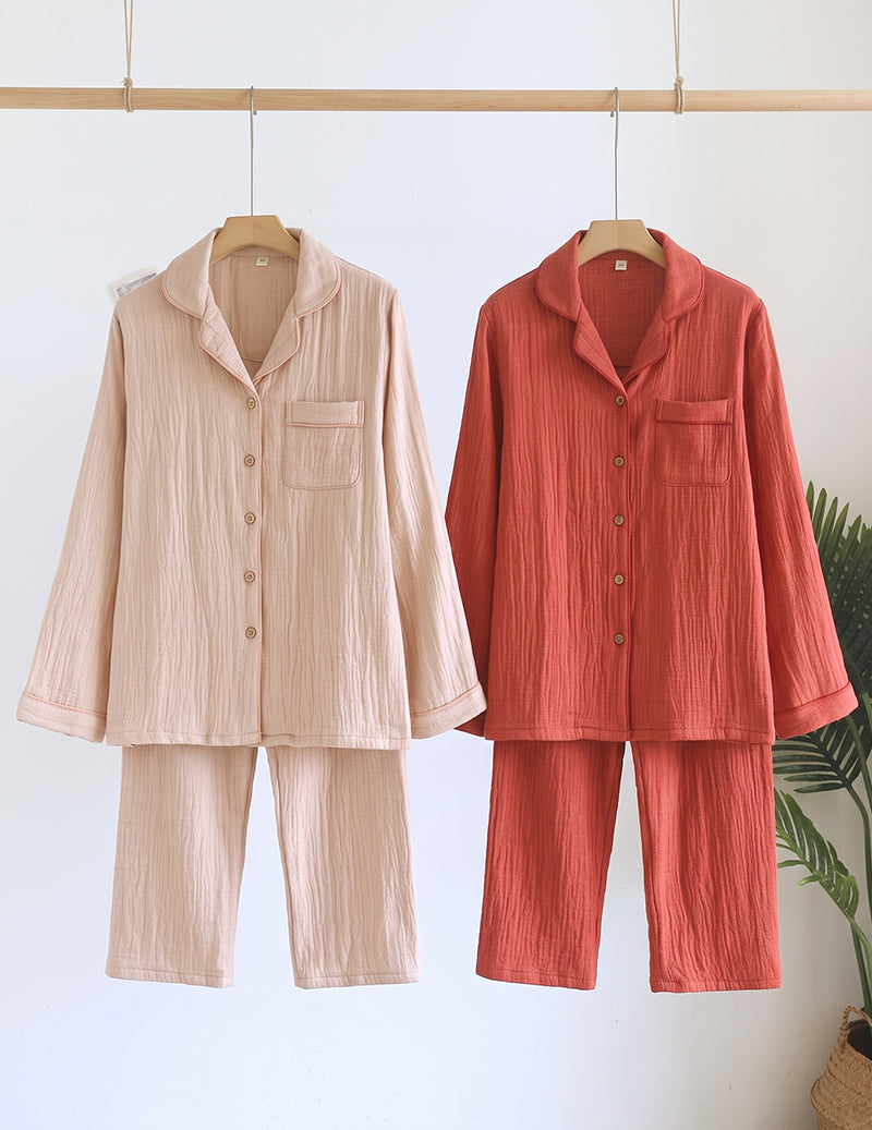 Cotton Plaid Four Layer Gauze Notch Collar Pajama Set