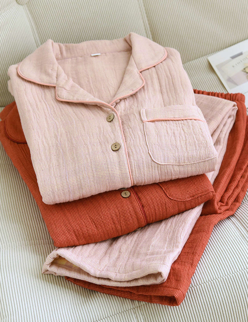 Cotton Plaid Four Layer Gauze Notch Collar Pajama Set