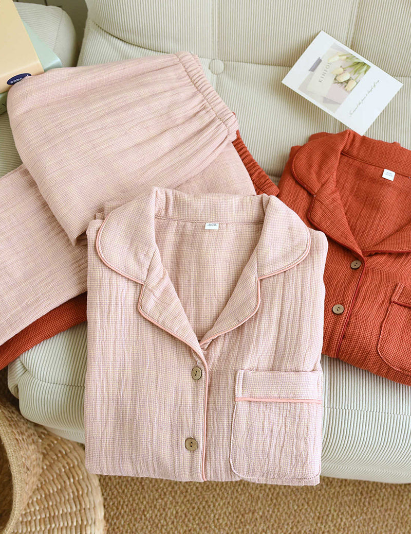 Cotton Plaid Four Layer Gauze Notch Collar Pajama Set