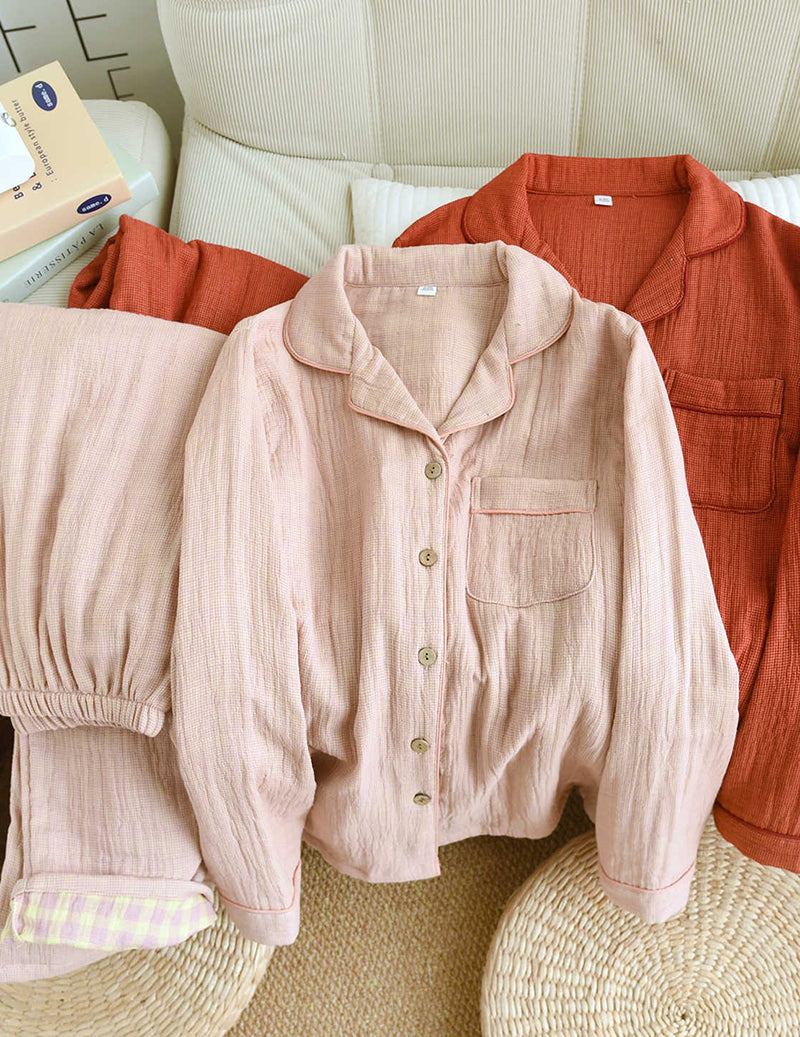 Cotton Plaid Four Layer Gauze Notch Collar Pajama Set