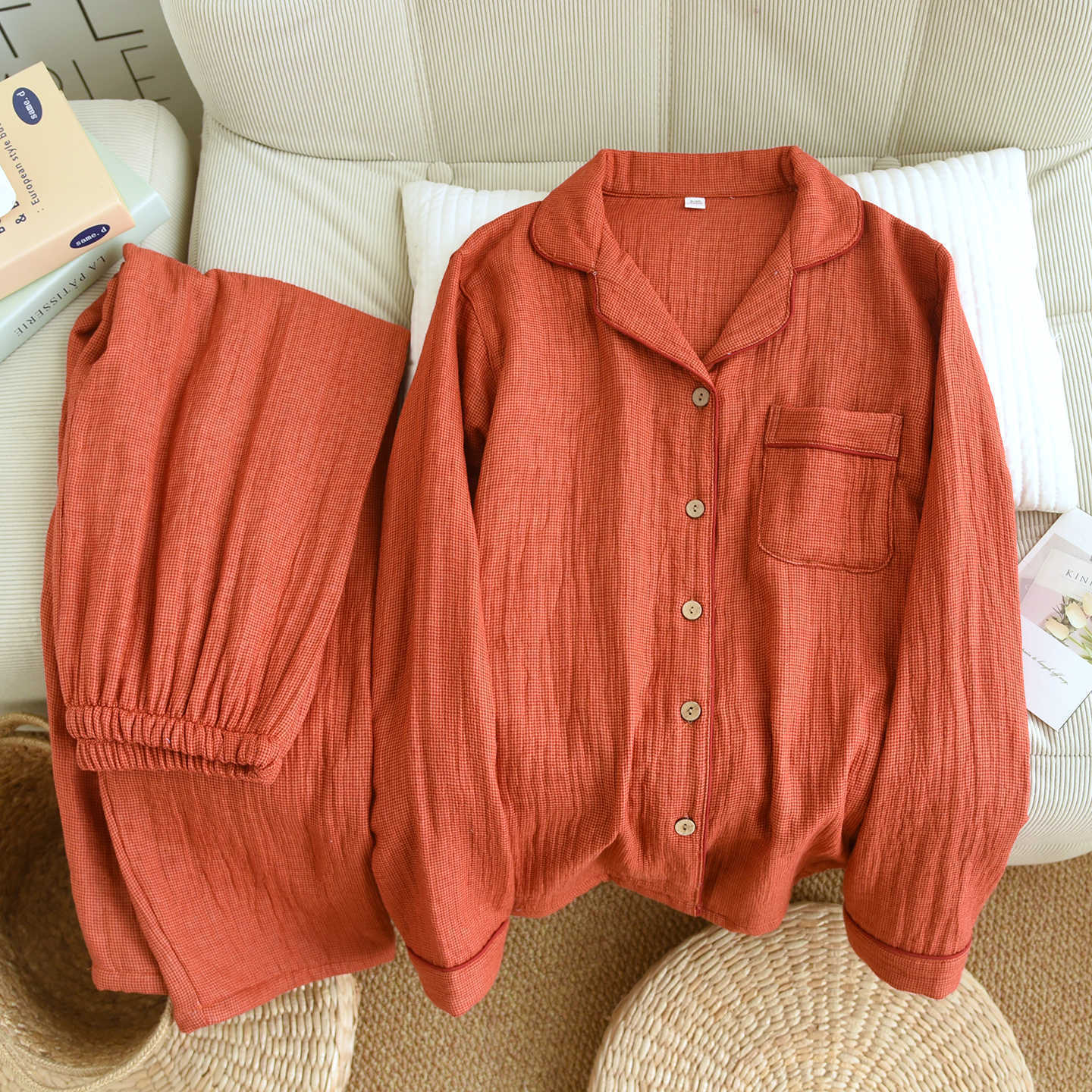 Cotton Plaid Four Layer Gauze Notch Collar Pajama Set