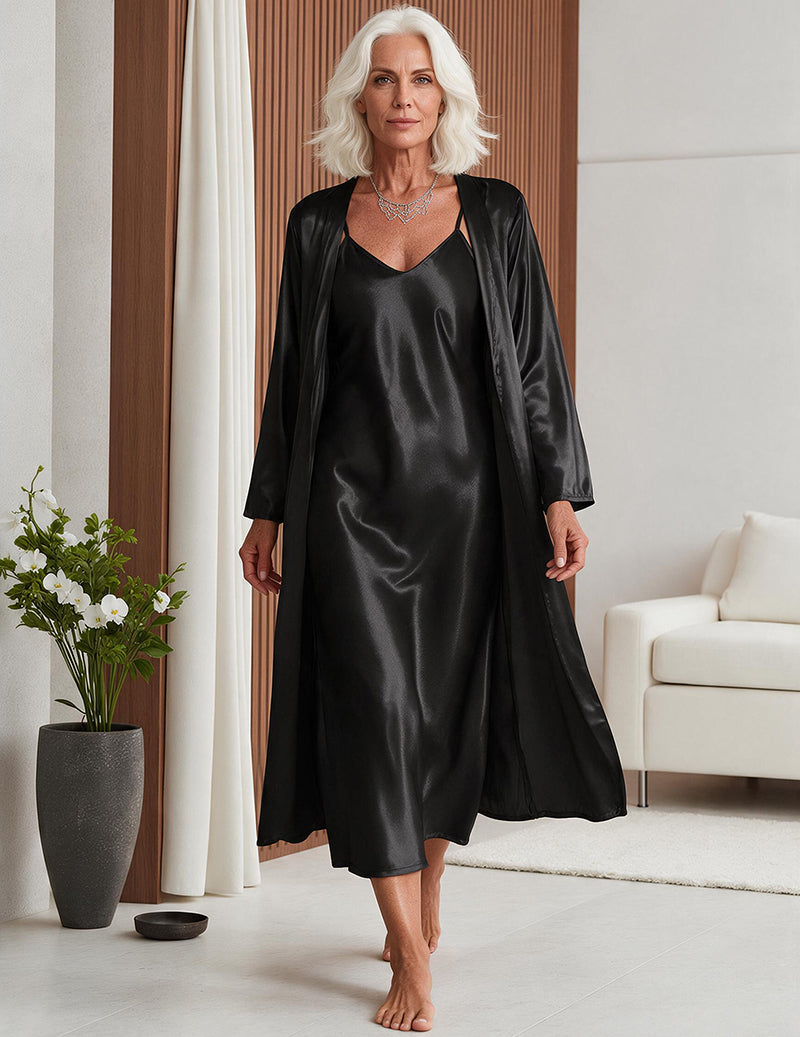 Satin Cami Slip Dress and Robe Two-Piece Sleepwear Set