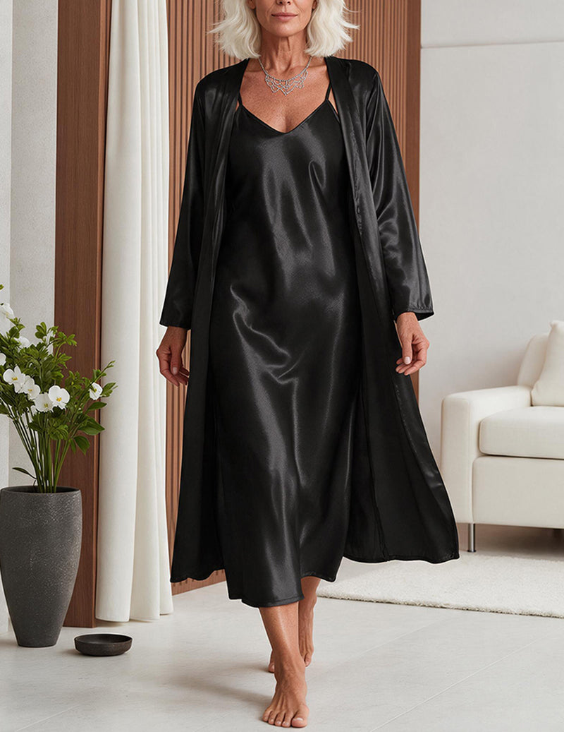 Satin Cami Slip Dress and Robe Two-Piece Sleepwear Set