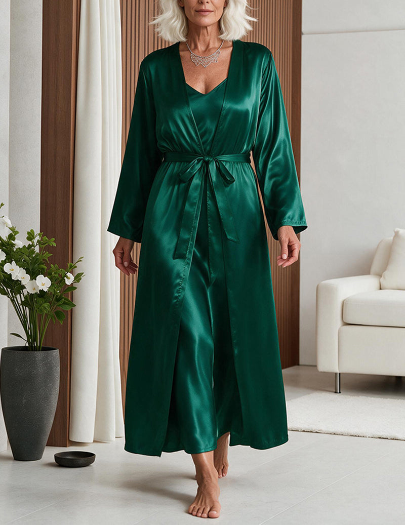 Satin Cami Slip Dress and Robe Two-Piece Sleepwear Set