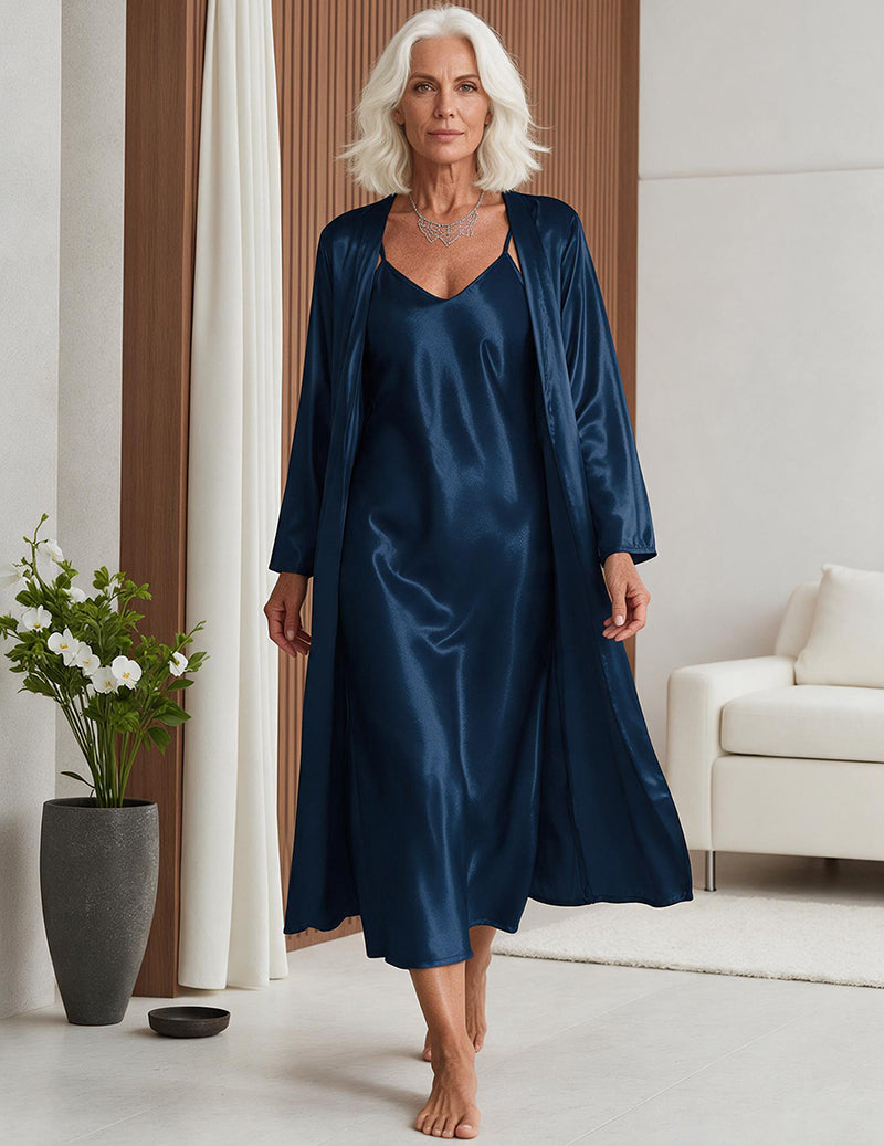 Satin Cami Slip Dress and Robe Two-Piece Sleepwear Set