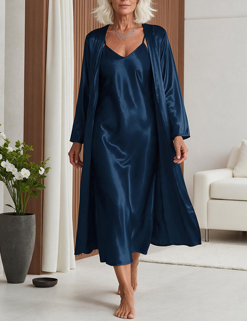 Satin Cami Slip Dress and Robe Two-Piece Sleepwear Set