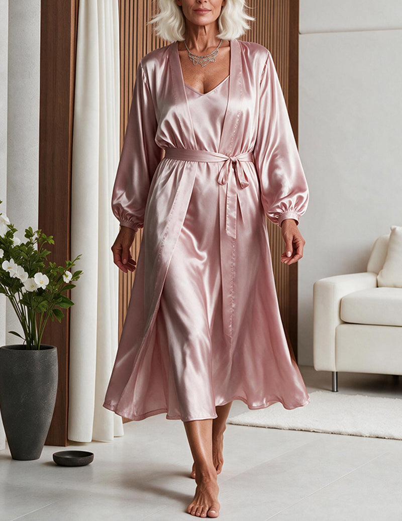 Satin Cami Slip Dress and Robe Two-Piece Sleepwear Set