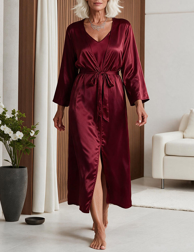 Satin Cami Slip Dress and Robe Two-Piece Sleepwear Set