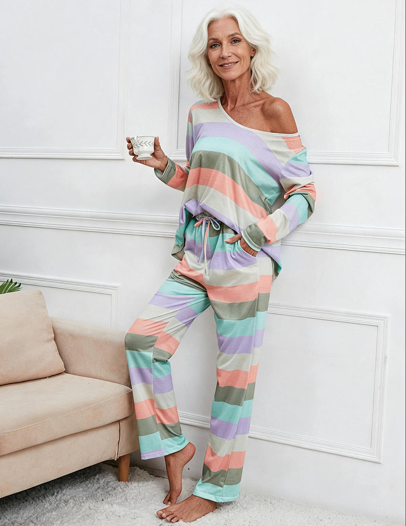 Striped Print Long Sleeve Button Front Pajama Set