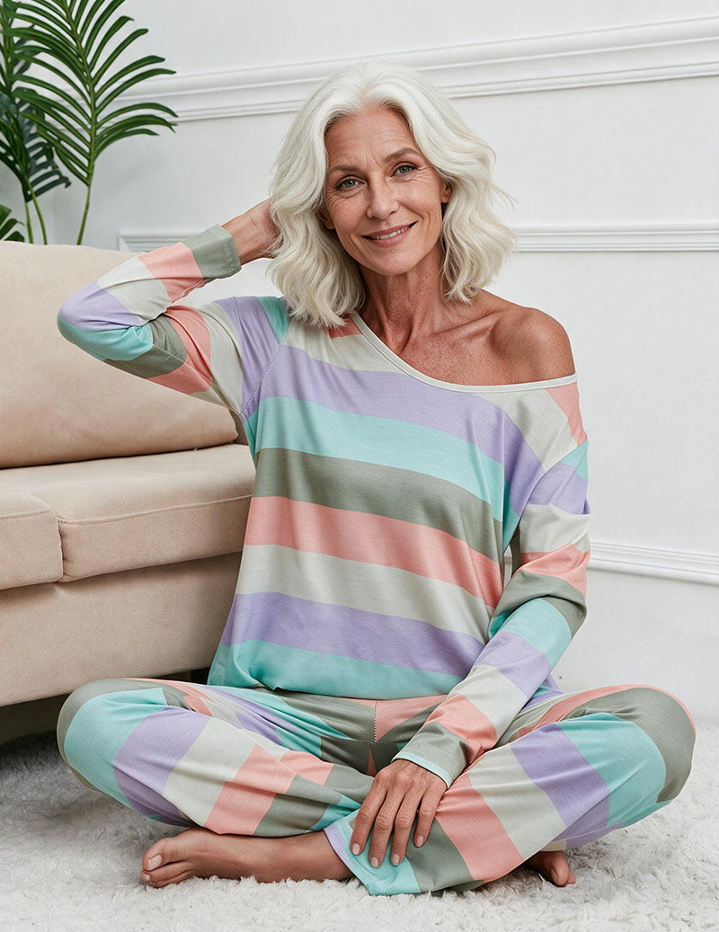 Striped Print Long Sleeve Button Front Pajama Set