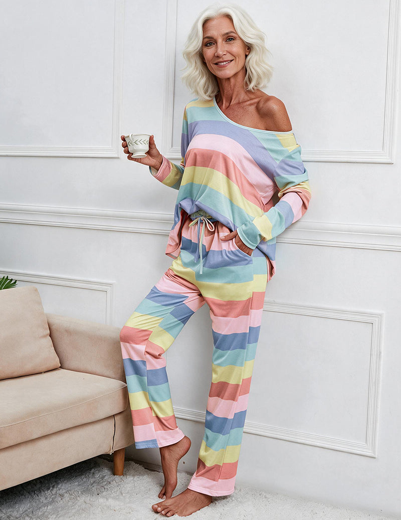 Striped Print Long Sleeve Button Front Pajama Set