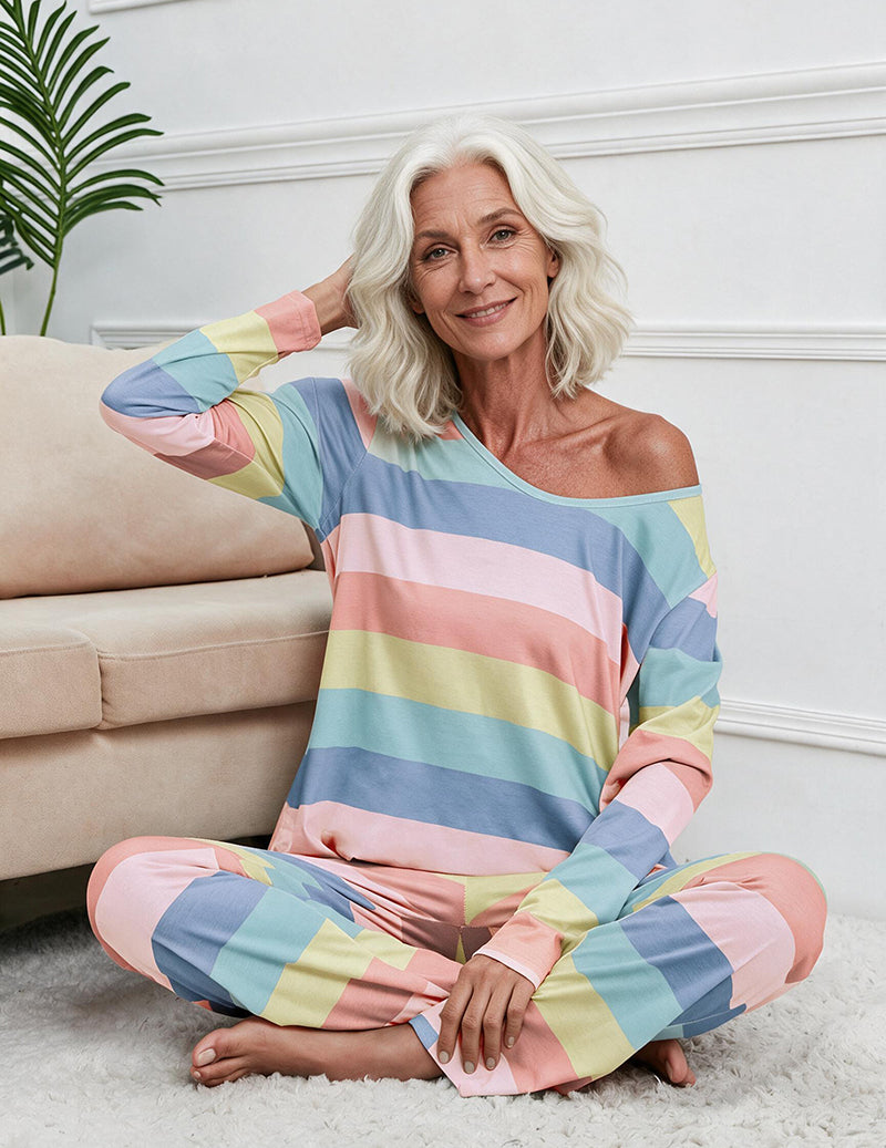 Striped Print Long Sleeve Button Front Pajama Set