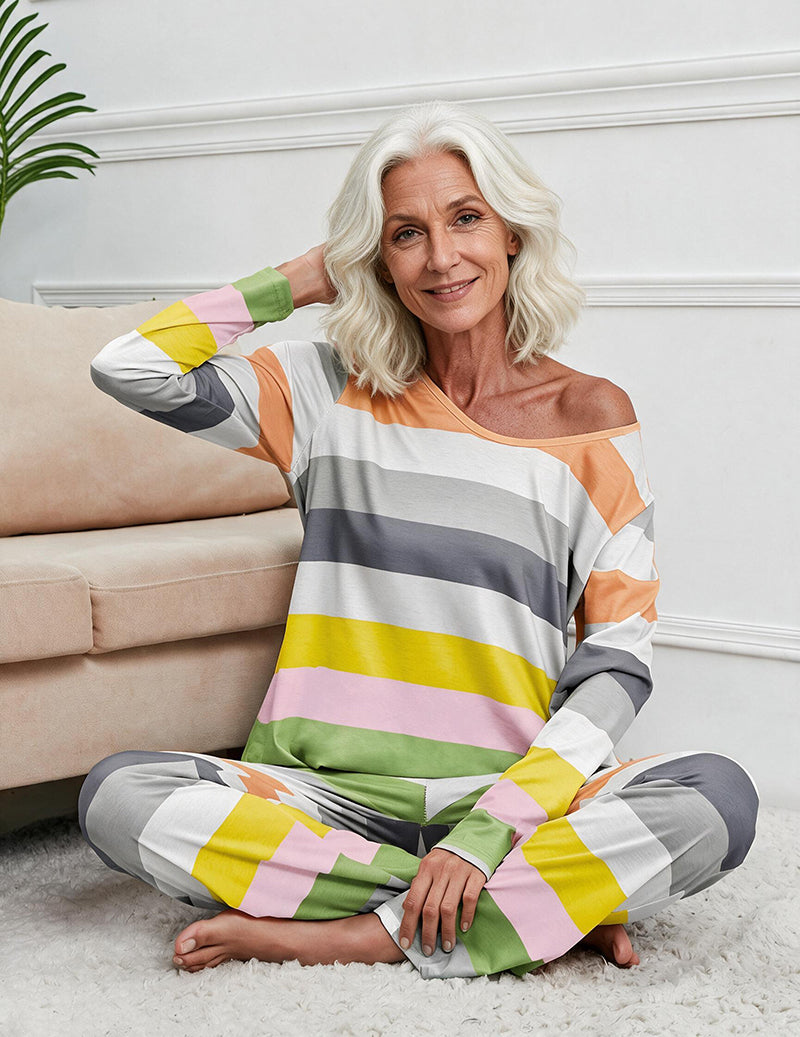 Striped Print Long Sleeve Button Front Pajama Set