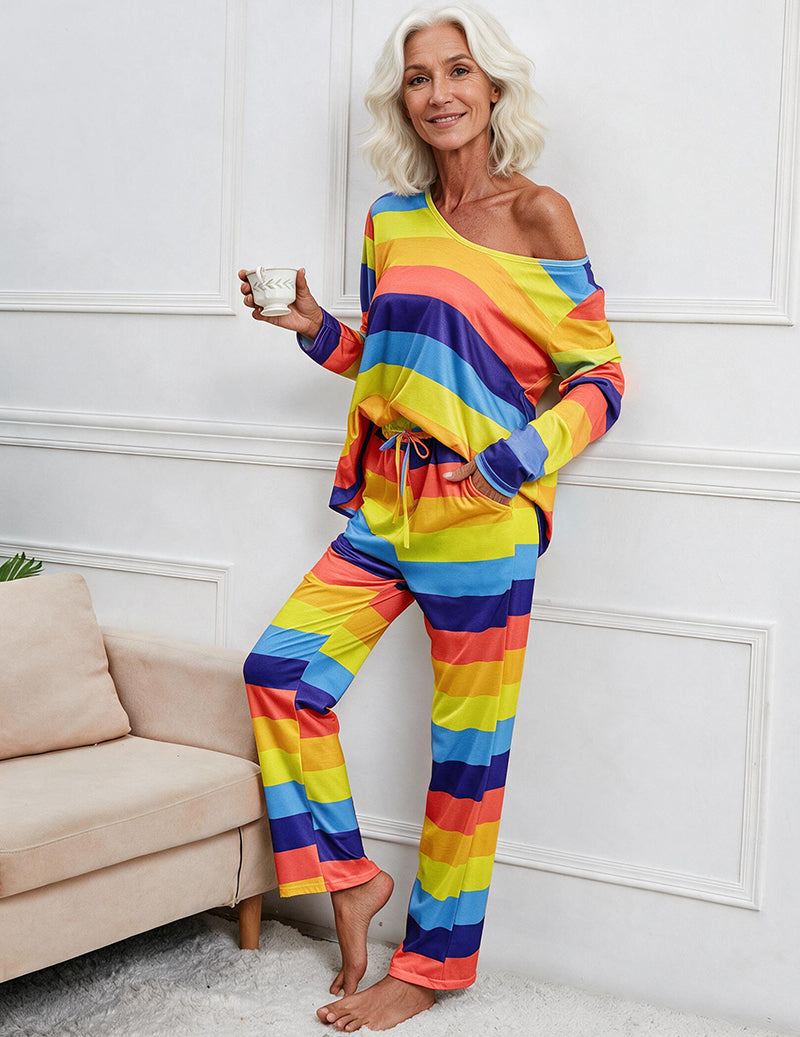 Striped Print Long Sleeve Button Front Pajama Set
