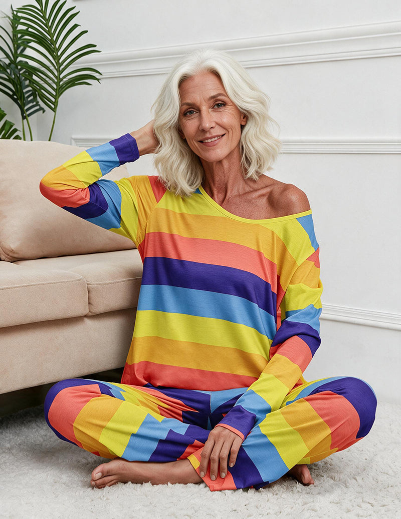 Striped Print Long Sleeve Button Front Pajama Set