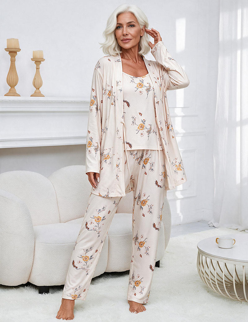 Cami Tank Top Robe and Pants Three-Piece Sleepwear Set