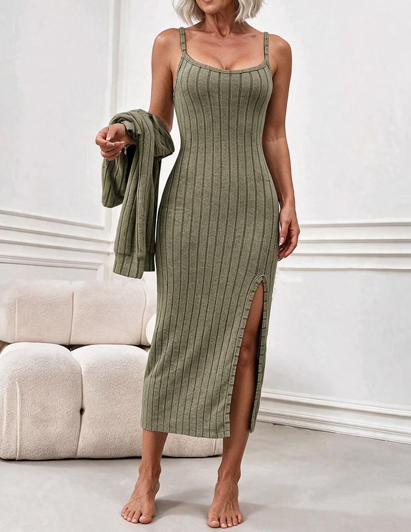 Bodycon Dress and Open Front Cardigan Two-Piece Set