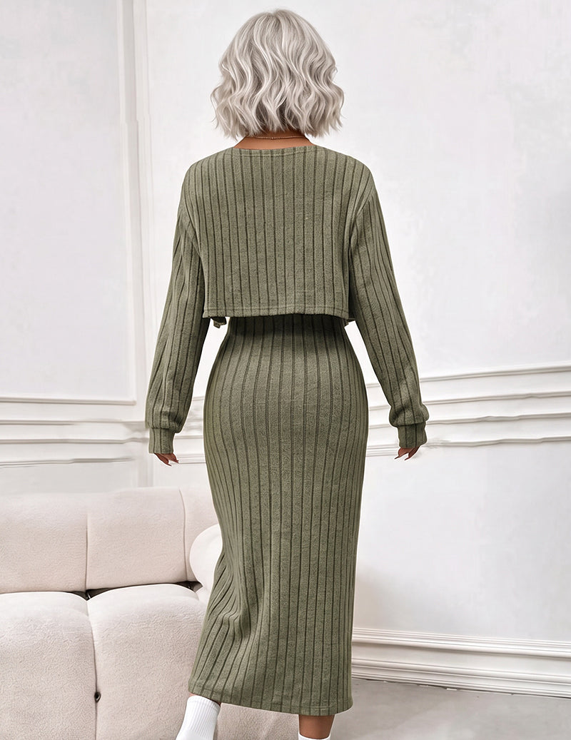 Bodycon Dress and Open Front Cardigan Two-Piece Set