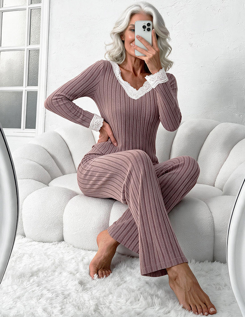 V-Neck Lace Trim Ribbed Knit Top and Pants Set