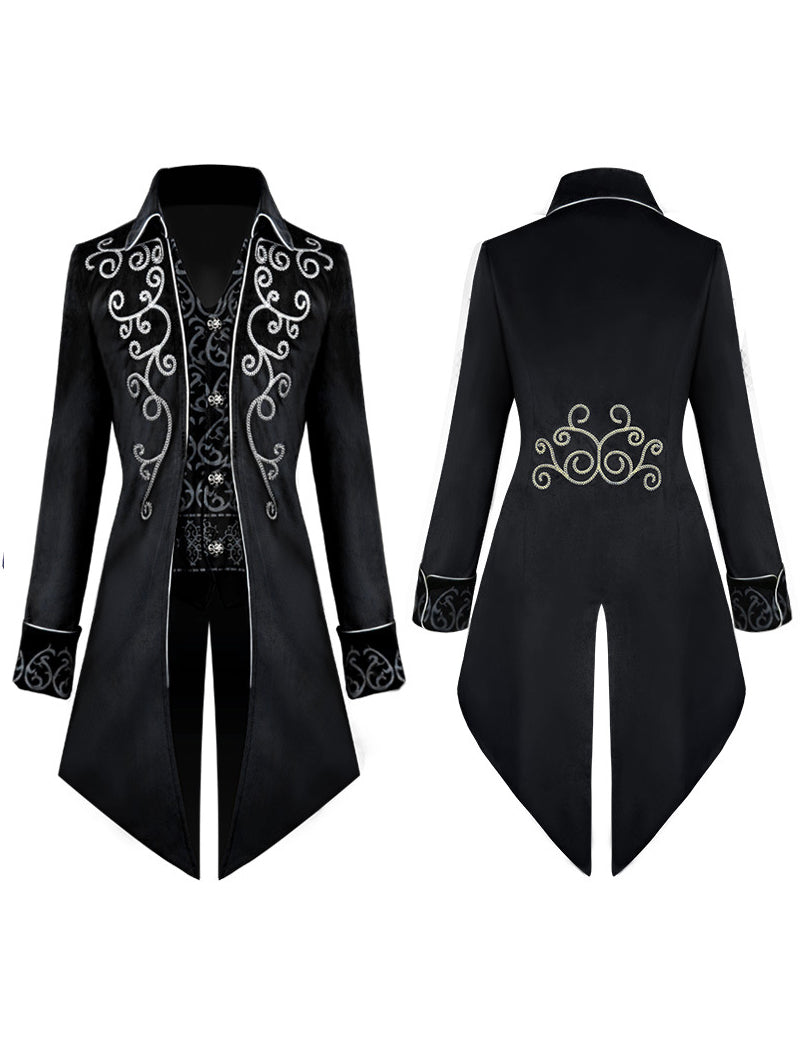 Men's embroidered black tailcoat set, front and back views with swirling light embroidery