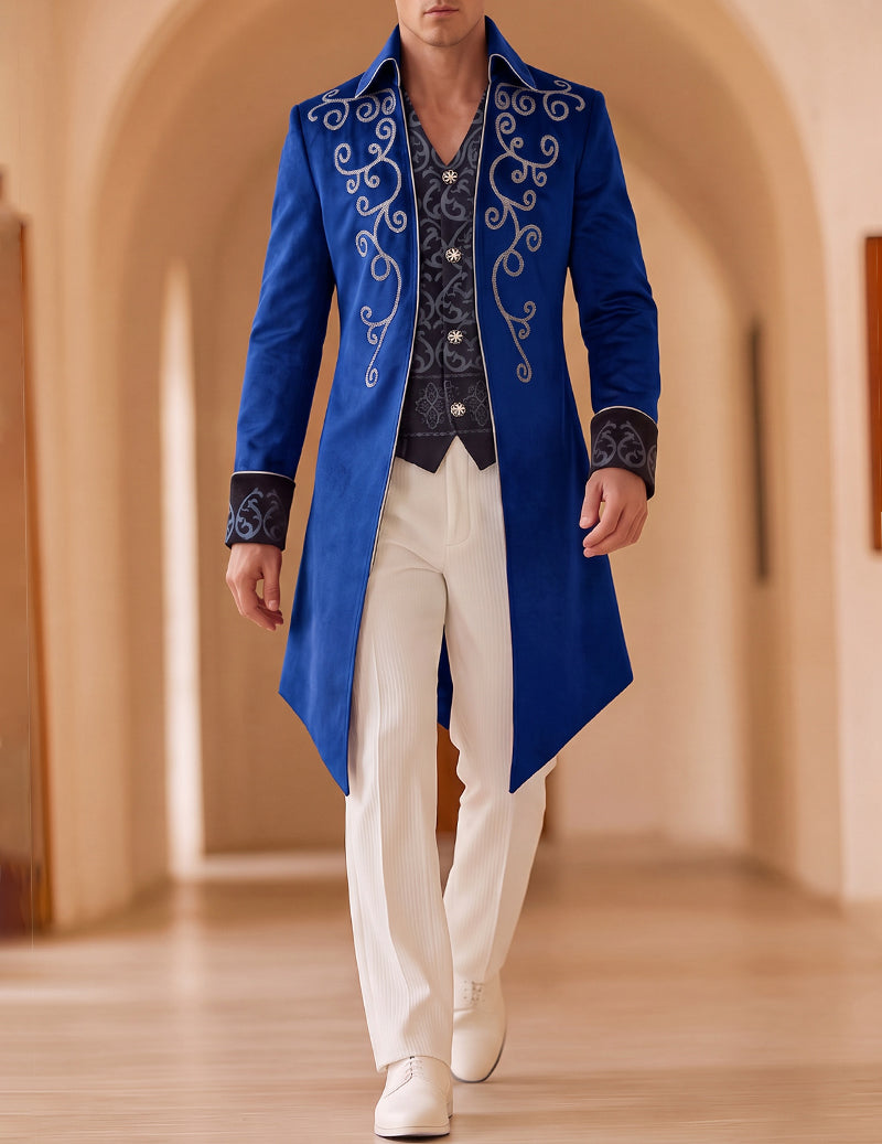 Men's embroidered royal blue tailcoat with swirling white trim and long asymmetrical back