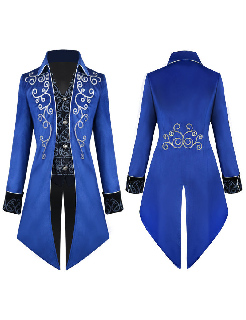 Men's royal blue embroidered tailcoat set, front and back views with ornate light embroidery