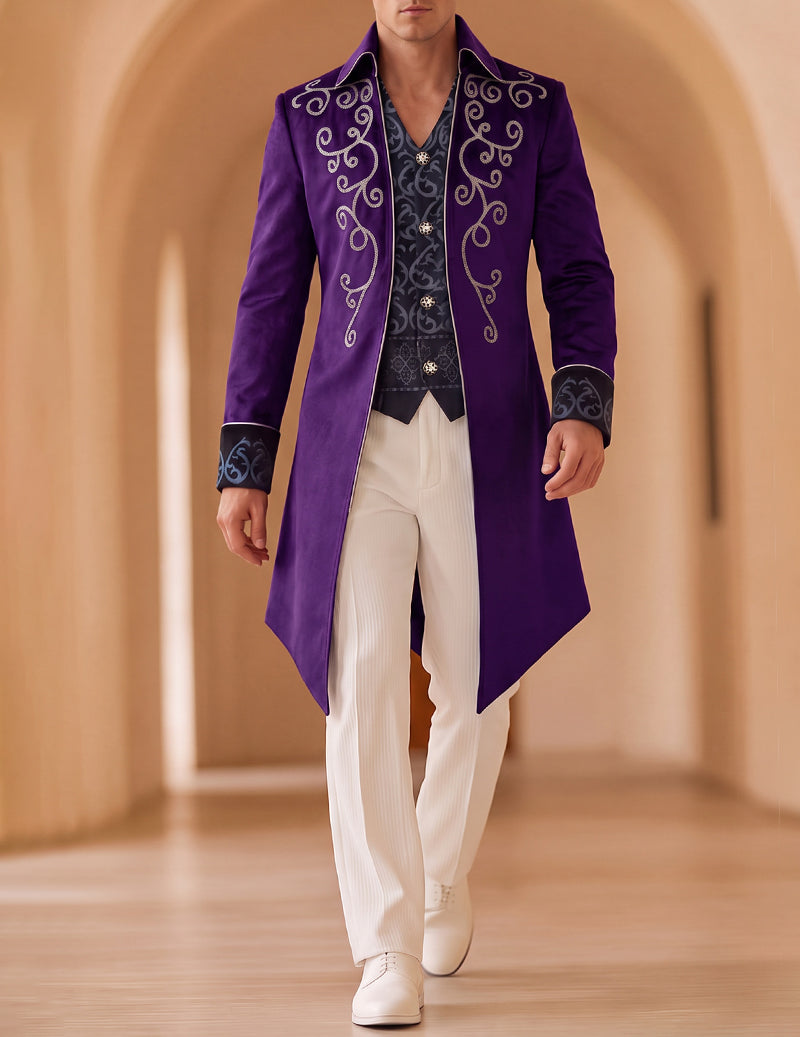 Men's embroidered purple tailcoat with swirling white trim, long asymmetrical hem and cuffs