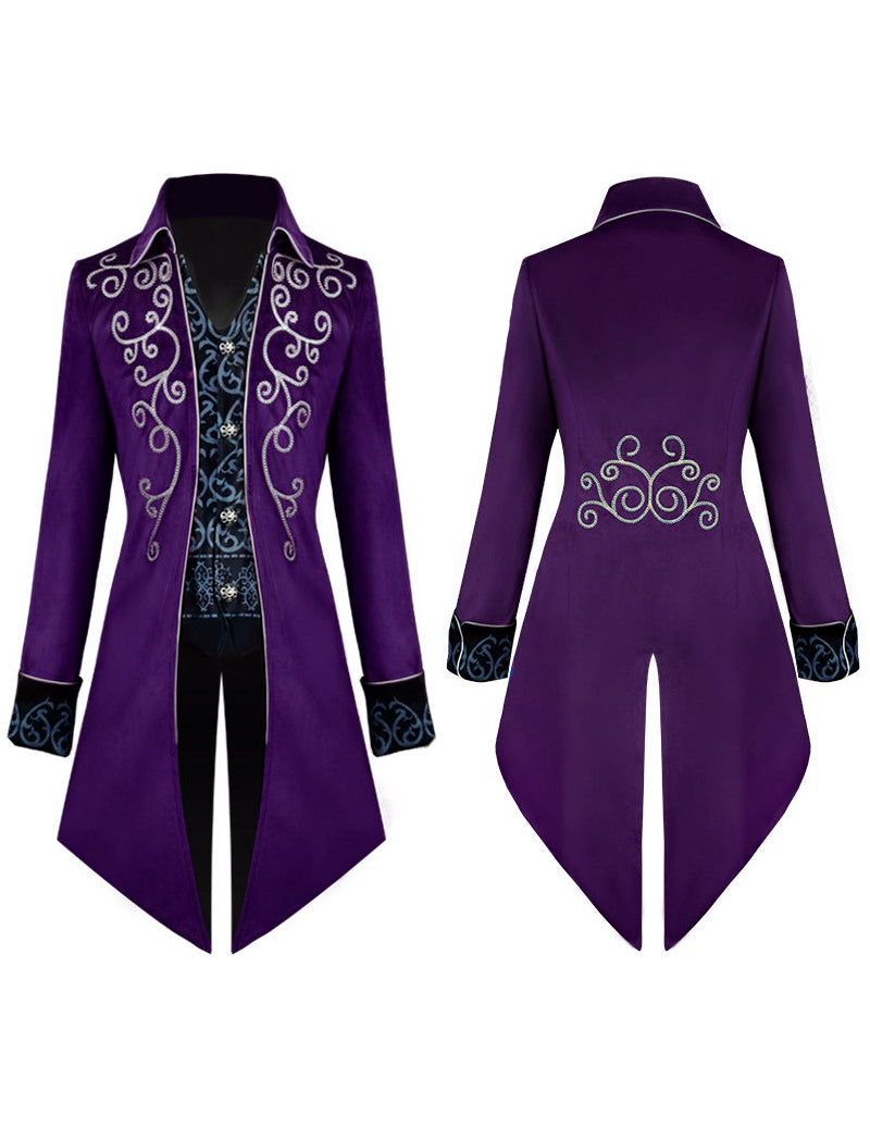 Men's imperial purple embroidered tailcoat set, front and back views with ornate light embroidery
