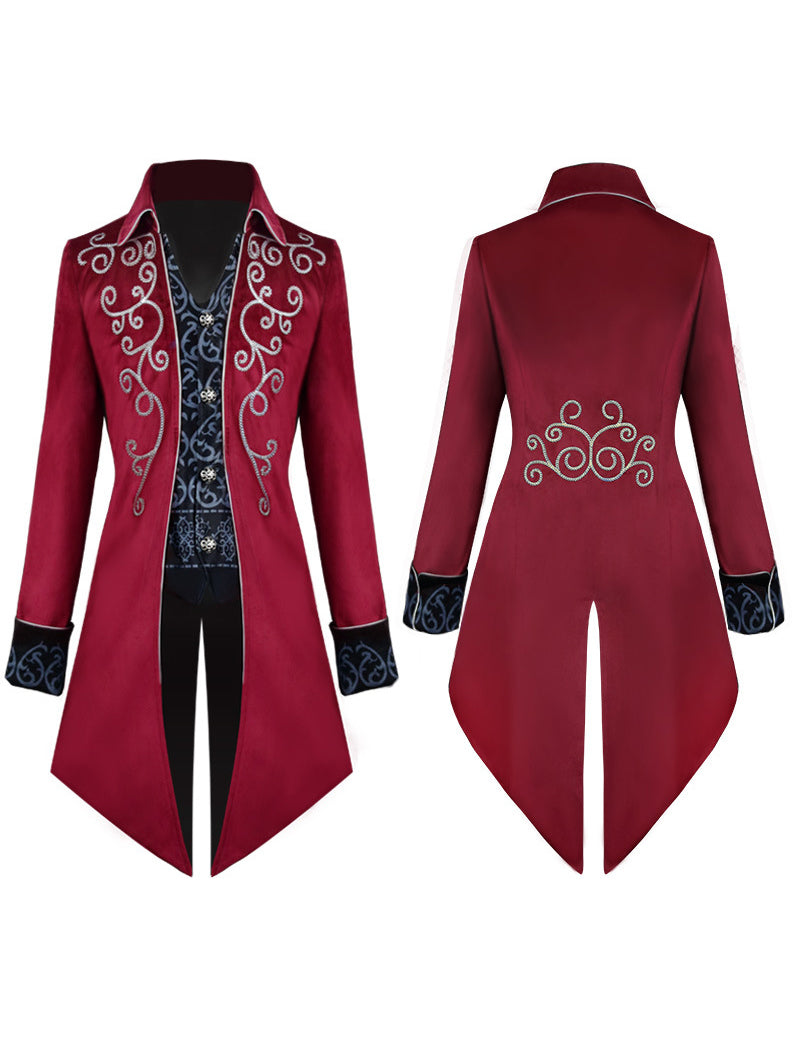 Men's burgundy embroidered tailcoat set, front and back views with swirling light embroidery