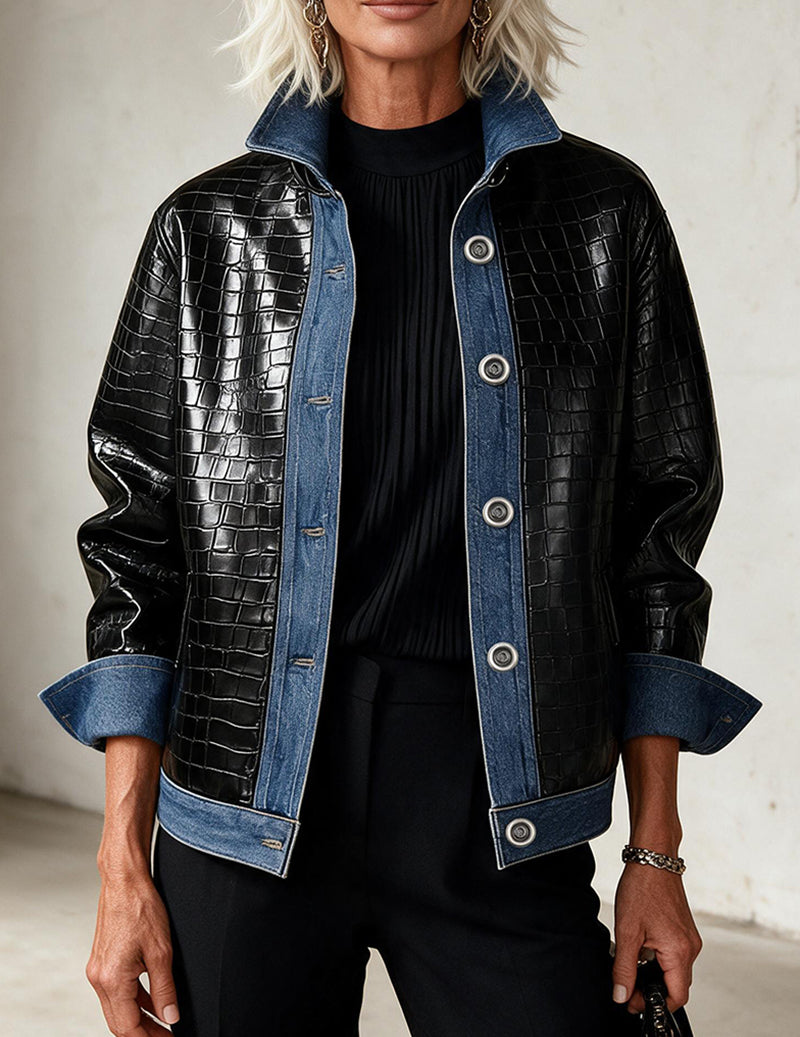 Textured Faux Leather Contrast Trim Button Down Jacket
