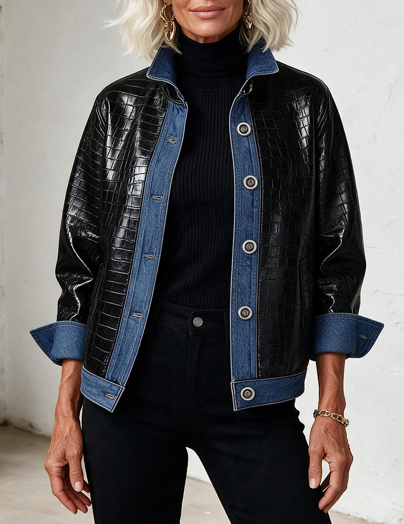 Textured Faux Leather Contrast Trim Button Down Jacket
