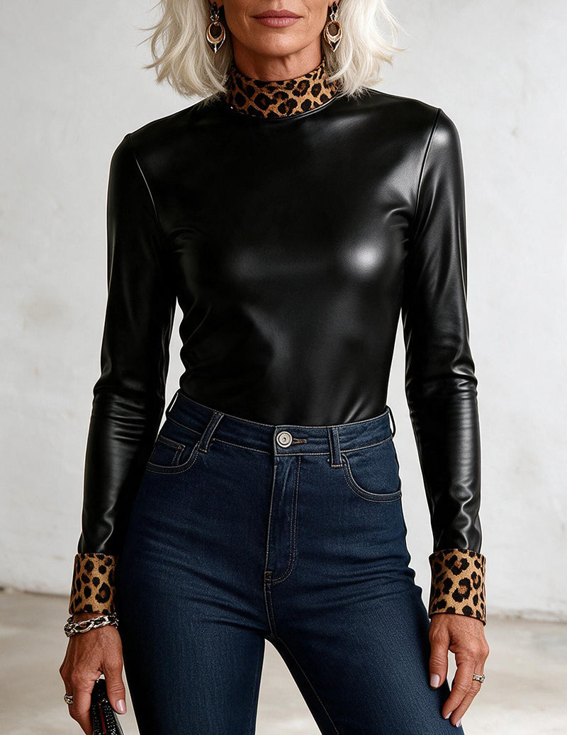 Faux Leather Long Sleeve Slim Fit Top