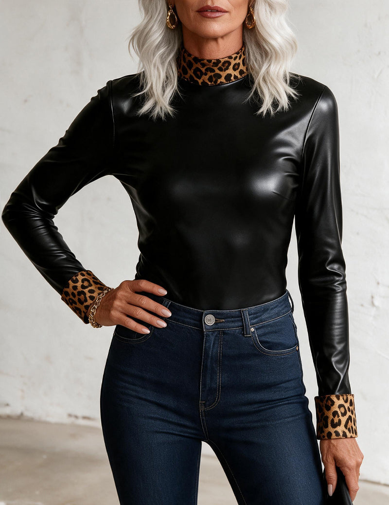 Faux Leather Long Sleeve Slim Fit Top